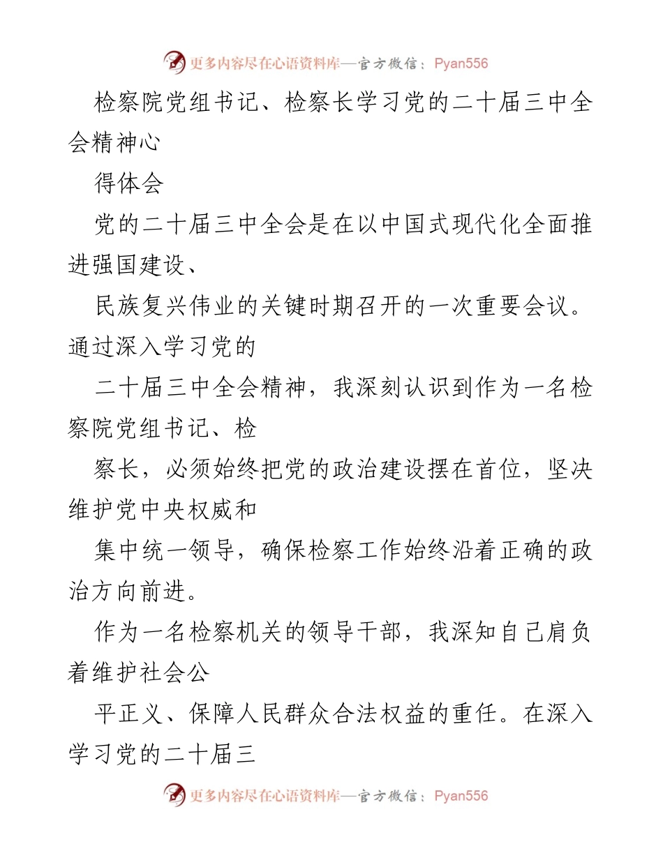 [发言] 检察院党组书记学习会 - 深入学习党的二十届三中全会精神，推动检察工作高质量发展.docx_第1页