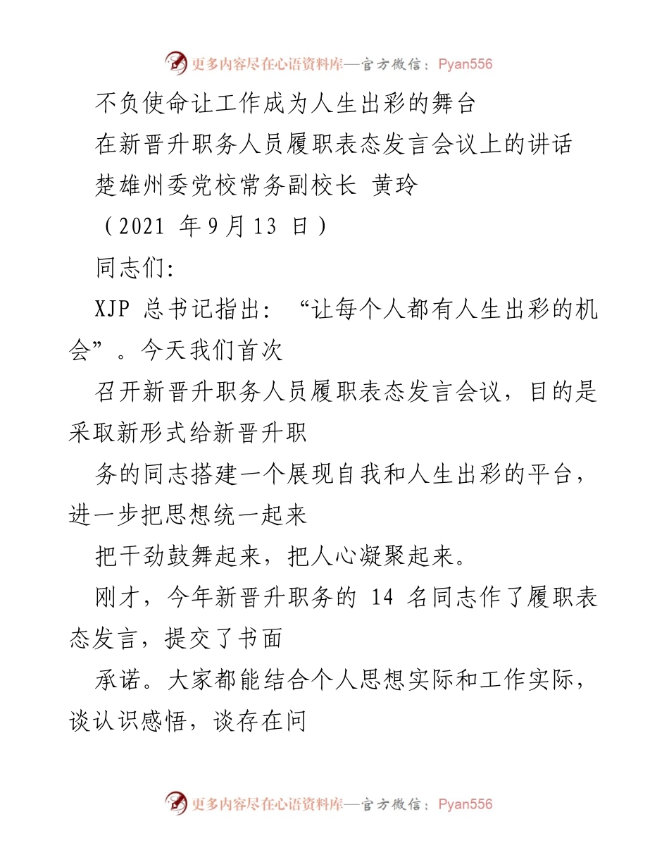 [发言] 新晋升职务人员履职表态发言会议 - 不负使命，展现自我，人生出彩.docx_第1页