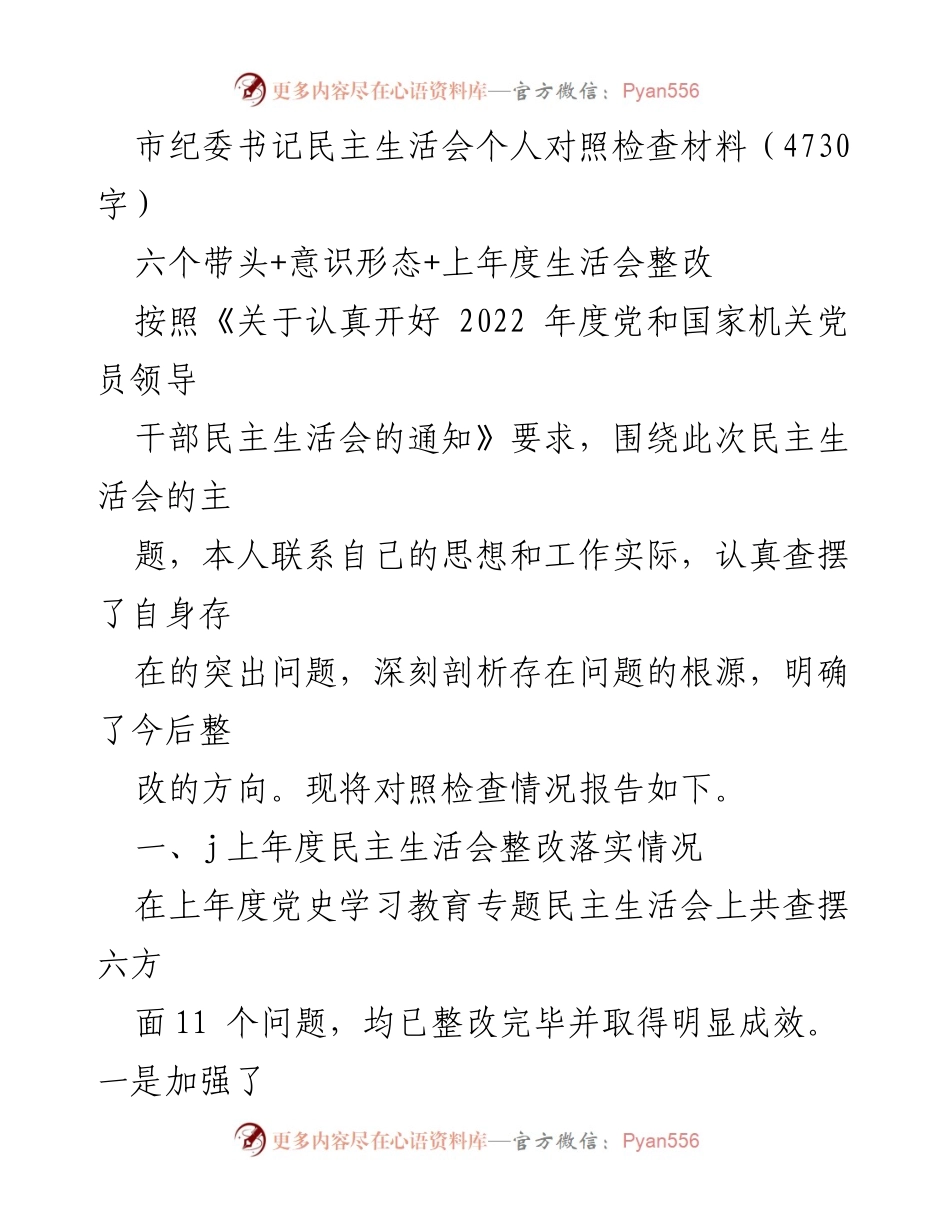 [发言] 民主生活会 - 市纪委书记个人对照检查材料总结.docx_第1页