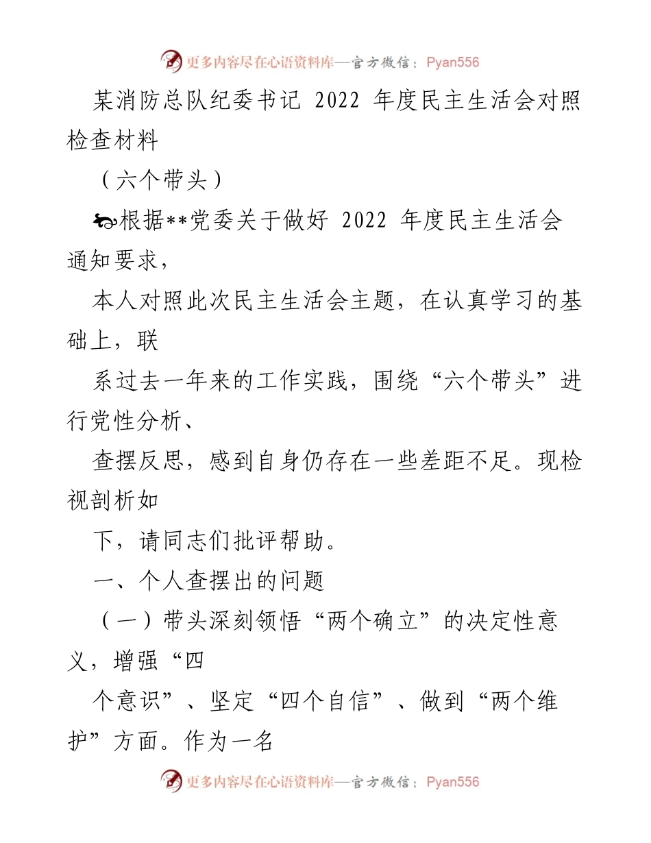 [发言] 民主生活会 - 2022年度纪委书记对照检查材料分析.docx_第1页