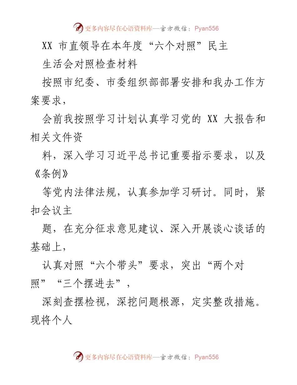 [发言] 民主生活会 - XX市直领导年度“六个对照”民主生活会对照检查汇报.docx_第1页