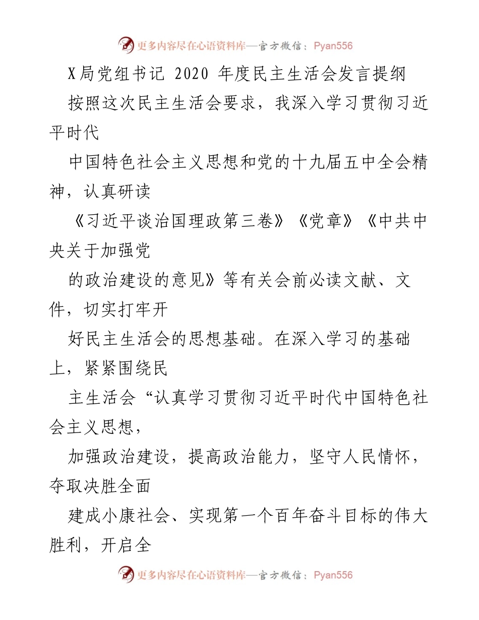 [发言] 民主生活会 - X局党组书记2020年度民主生活会发言提纲分析与反思.docx_第1页