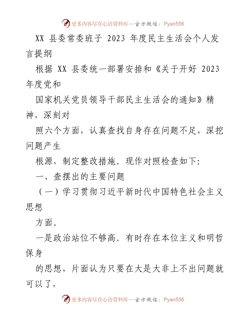 [发言] 民主生活会 - 2023年度民主生活会个人发言提纲_1.docx_第1页