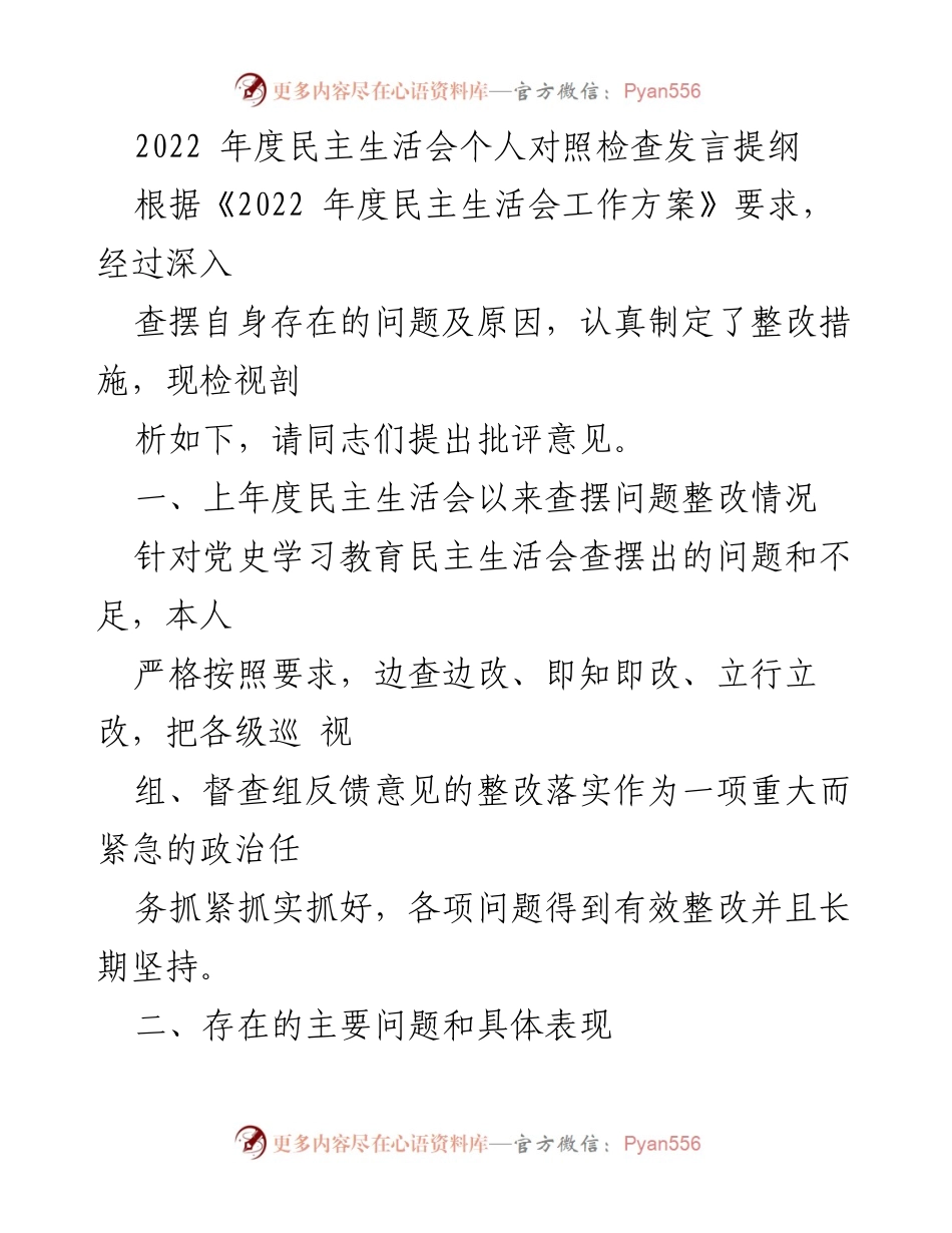 [发言] 民主生活会 - 2022年度个人对照检查发言提纲.docx_第1页