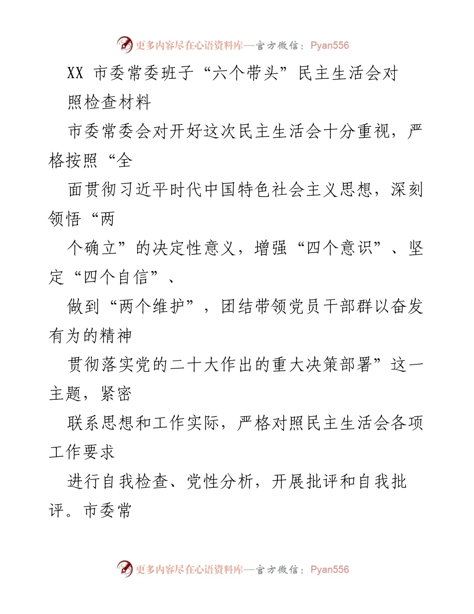 [发言] 民主生活会 - XX市委常委班子“六个带头”民主生活会对照检查总结.docx_第1页