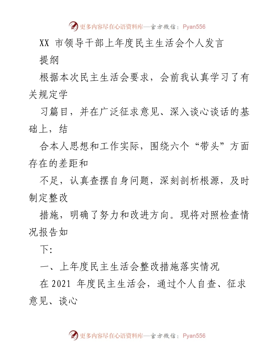 [发言] 民主生活会 - XX市领导干部个人发言总结及整改措施报告.docx_第1页