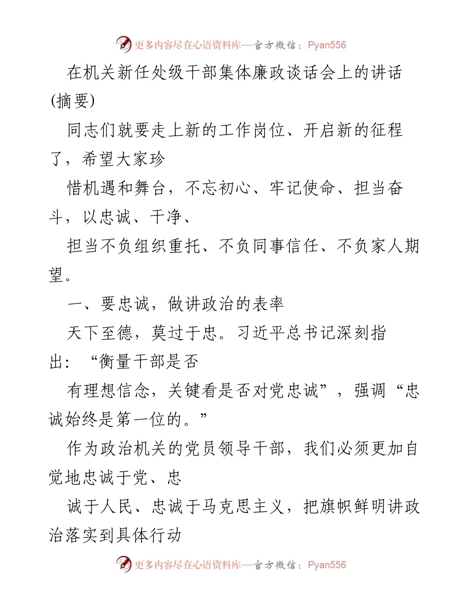 [发言] 机关新任处级干部集体廉政谈话会 - 新任干部廉政谈话：忠诚与能力并重.docx_第1页