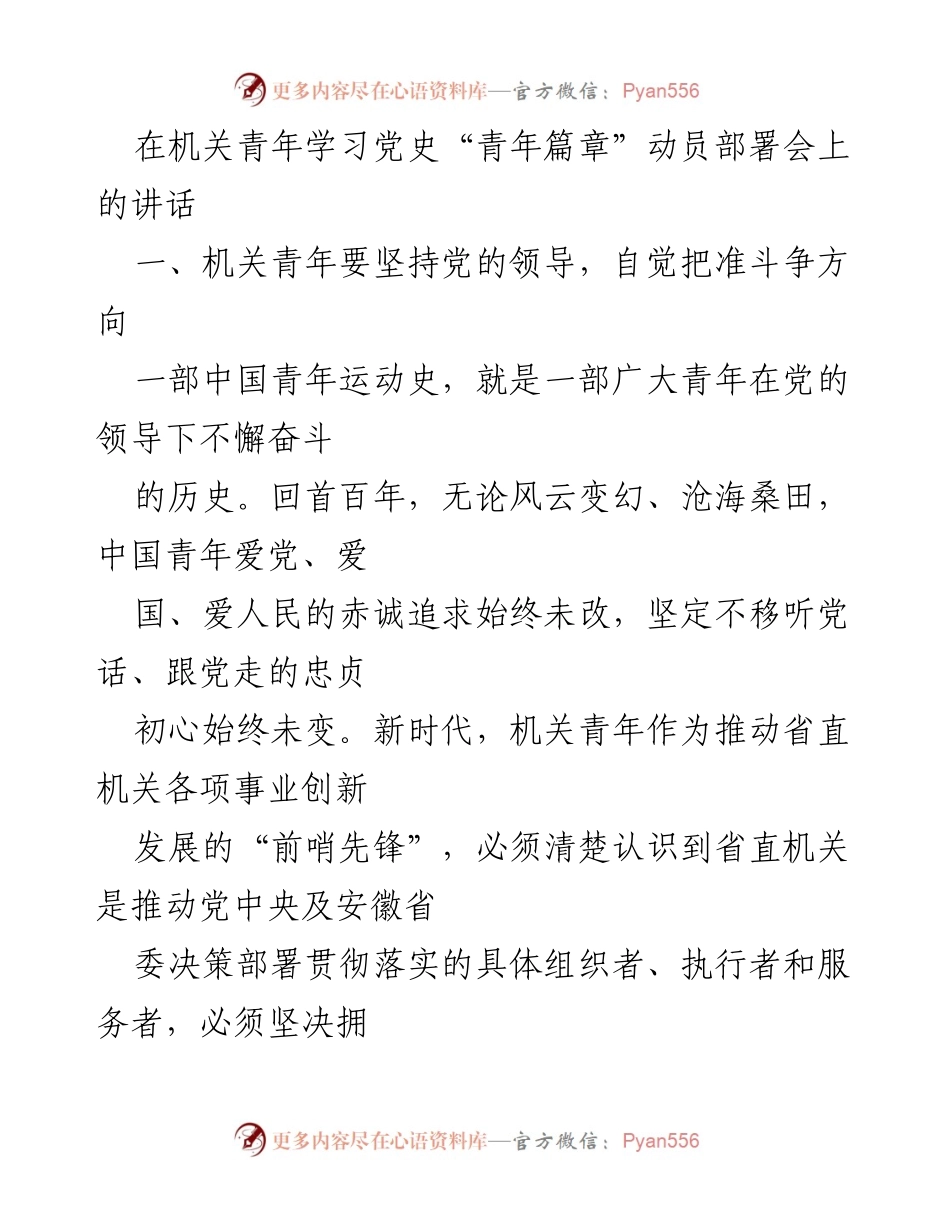 [发言] 机关青年学习党史“青年篇章”动员部署会 - 机关青年要坚定政治方向与传承红色基因.docx_第1页