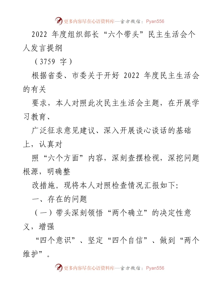 [发言] 民主生活会 - 2022年度组织部长民主生活会个人发言提纲.docx_第1页