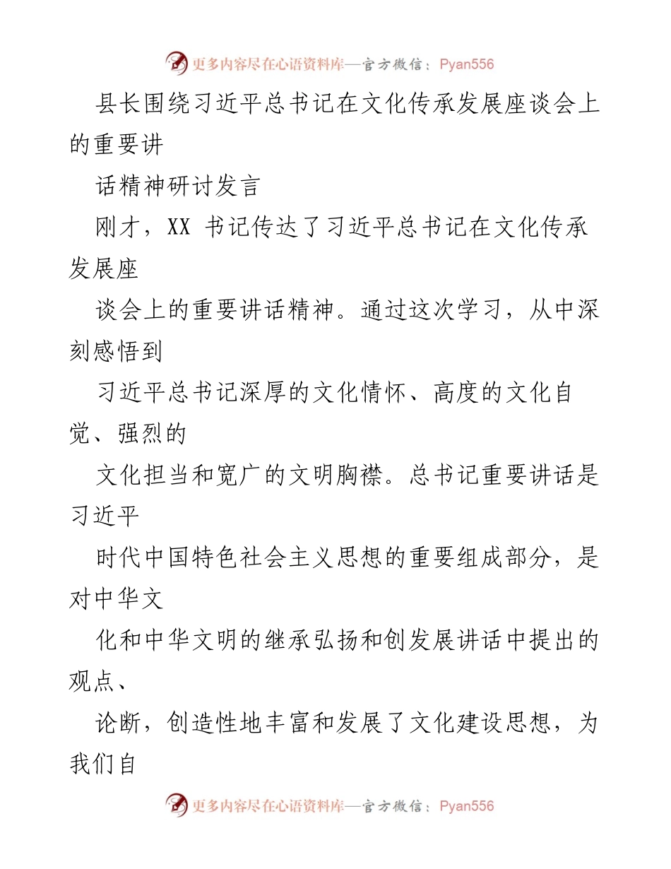 [发言] 文化传承发展座谈会 - 深刻领悟习近平总书记讲话精神，坚定文化自信与担当.docx_第1页