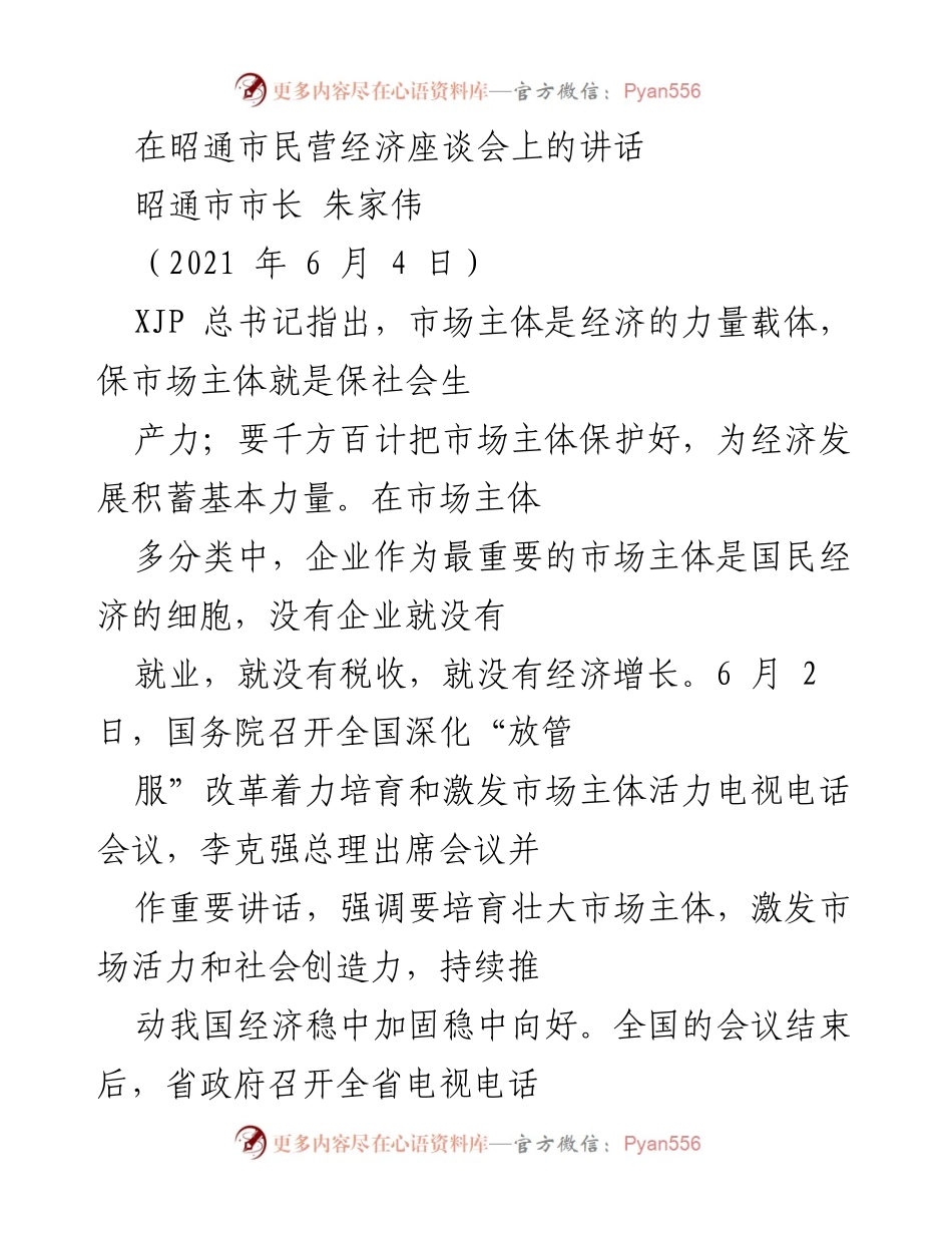 [发言] 昭通市民营经济座谈会 - 支持民营经济发展的重要讲话.docx_第1页