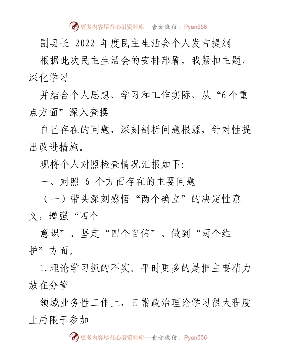 [发言] 民主生活会 - 副县长2022年度民主生活会个人发言提纲.docx_第1页