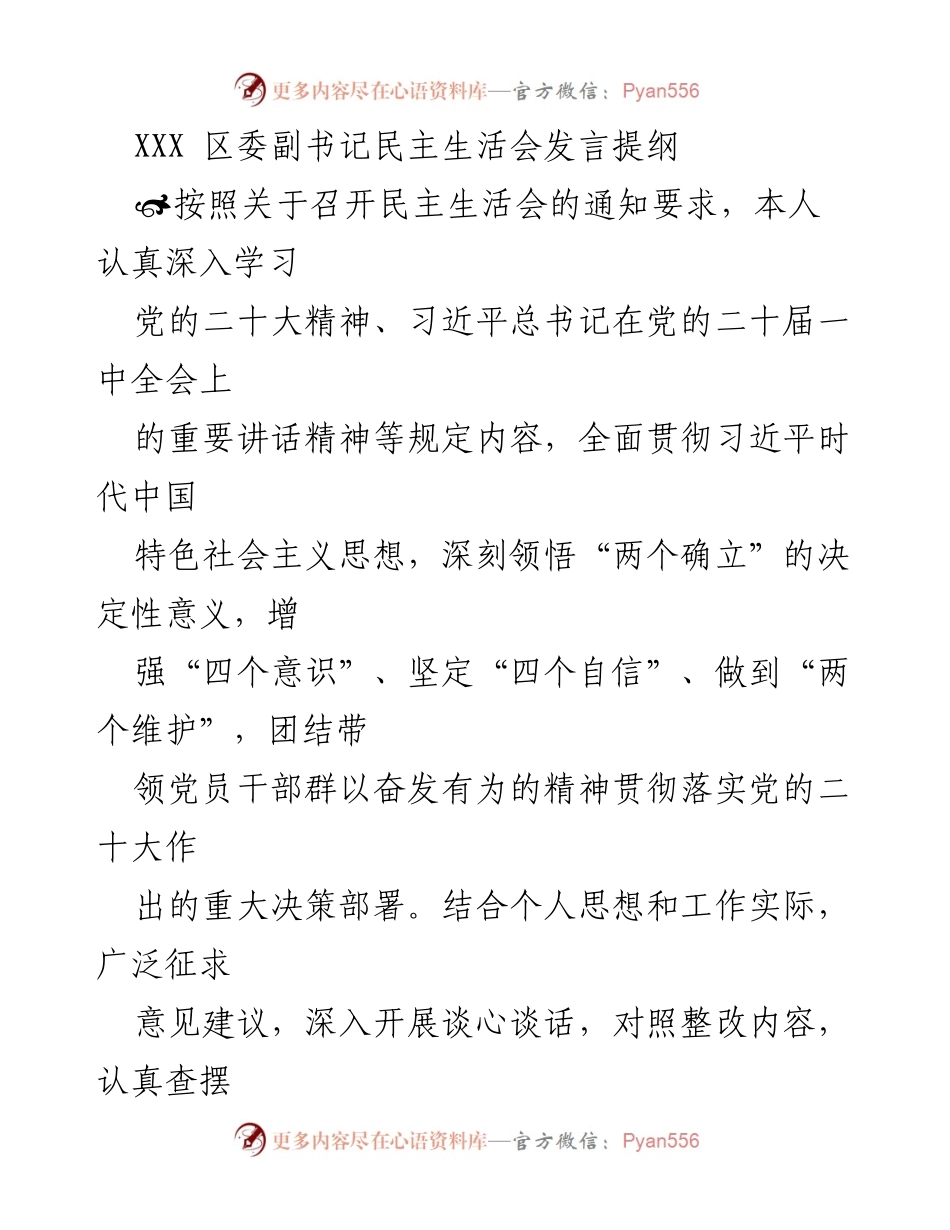 [发言] 民主生活会 - XXX 区委副书记民主生活会发言提纲.docx_第1页