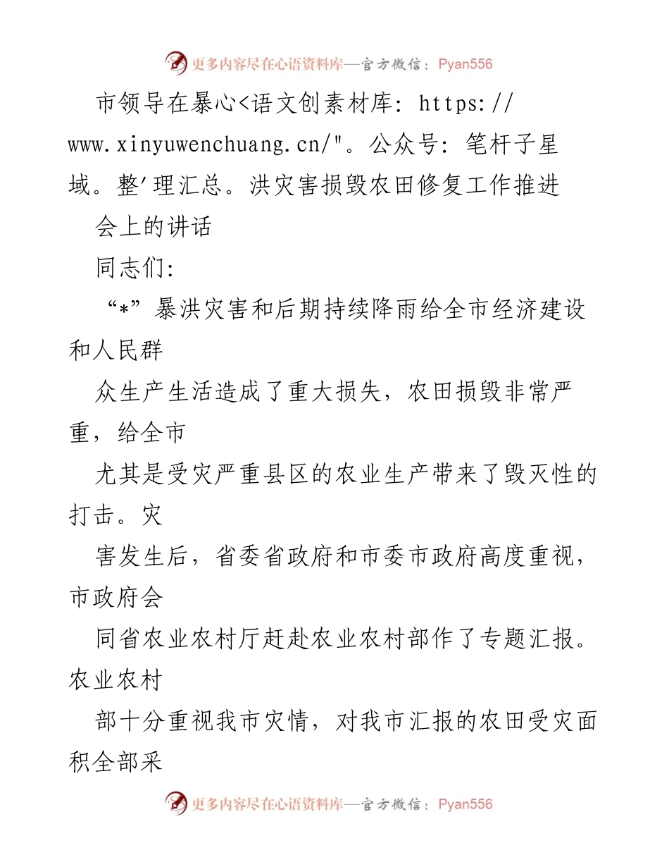 [发言] 暴洪灾害损毁农田修复工作推进会 - 加快损毁农田修复，助力灾后重建.docx_第1页
