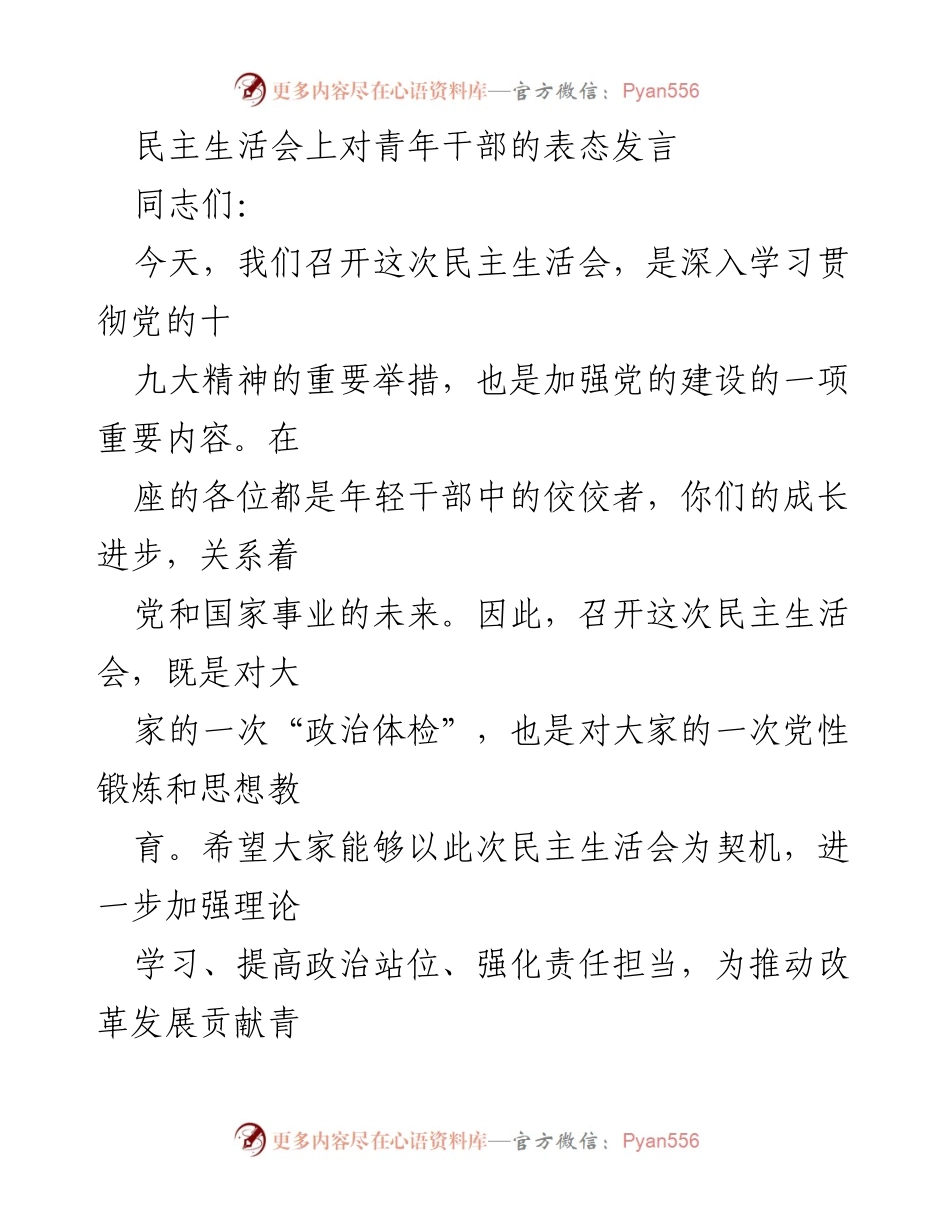 [发言] 民主生活会 - 强化青年干部责任担当，助推改革发展.docx_第1页