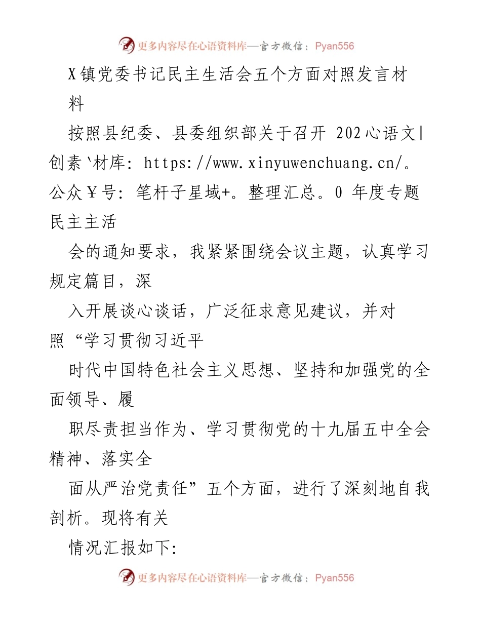 [发言] 民主生活会 - X镇党委书记年度自我剖析发言材料.docx_第1页