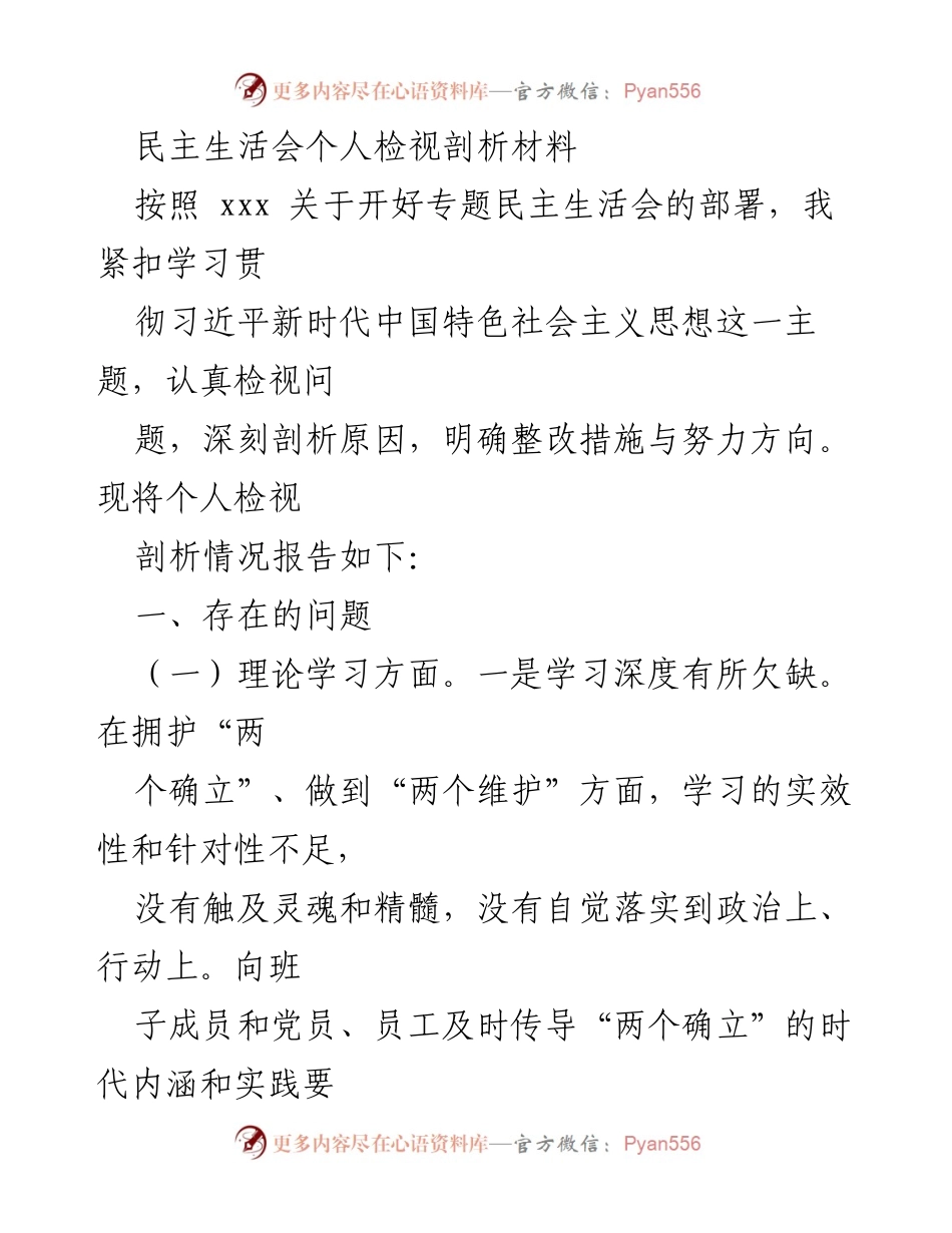 [发言] 民主生活会 - 个人检视剖析材料总结.docx_第1页