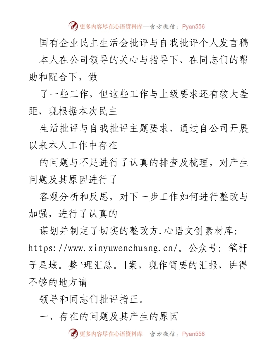 [发言] 民主生活会 - 国有企业民主生活会个人发言稿：自我批评与整改措施.docx_第1页