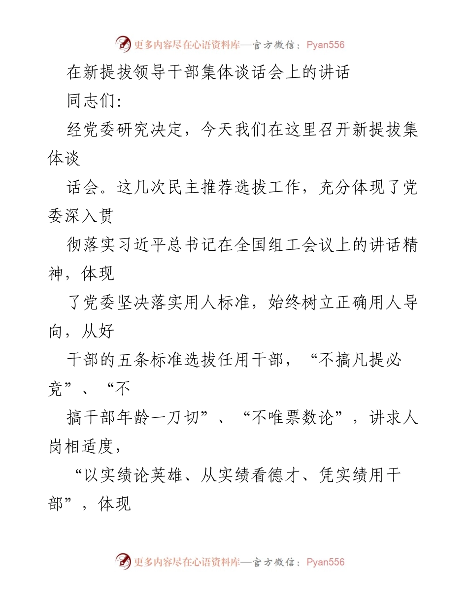 [发言] 新提拔领导干部集体谈话会 - 新任干部的忠诚与担当：落实好干部标准的讲话.docx_第1页