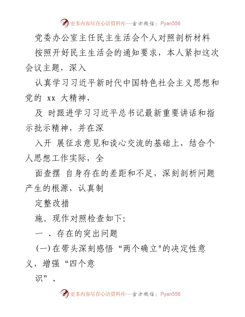[发言] 民主生活会 - 党委办公室主任个人对照剖析材料.docx_第1页
