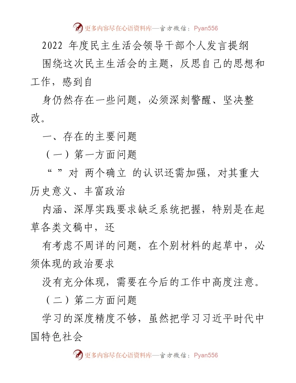 [发言] 民主生活会 - 2022年度领导干部个人反思与整改发言提纲.docx_第1页