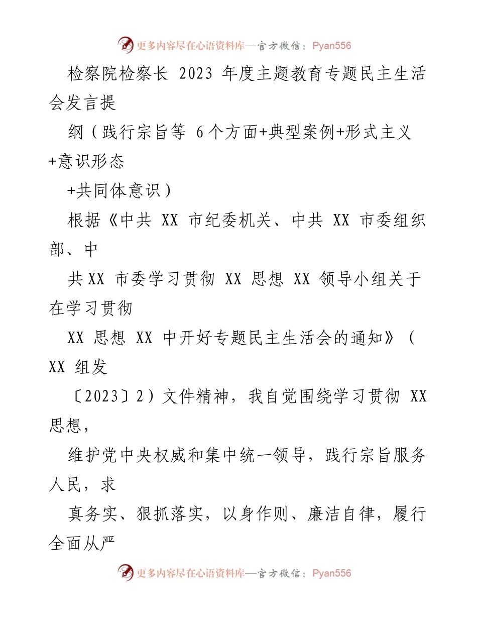 [发言] 检察院年度主题教育专题民主生活会 - 2023年度检察长主题教育民主生活会发言提纲.docx_第1页