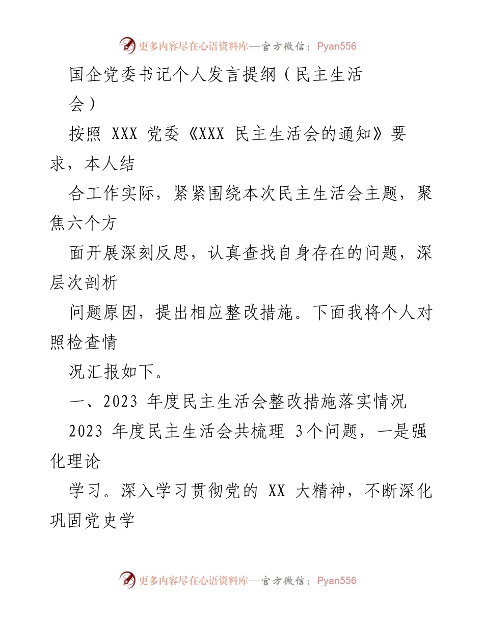 [发言] 民主生活会 - 国企党委书记个人发言提纲及整改措施汇报.docx_第1页