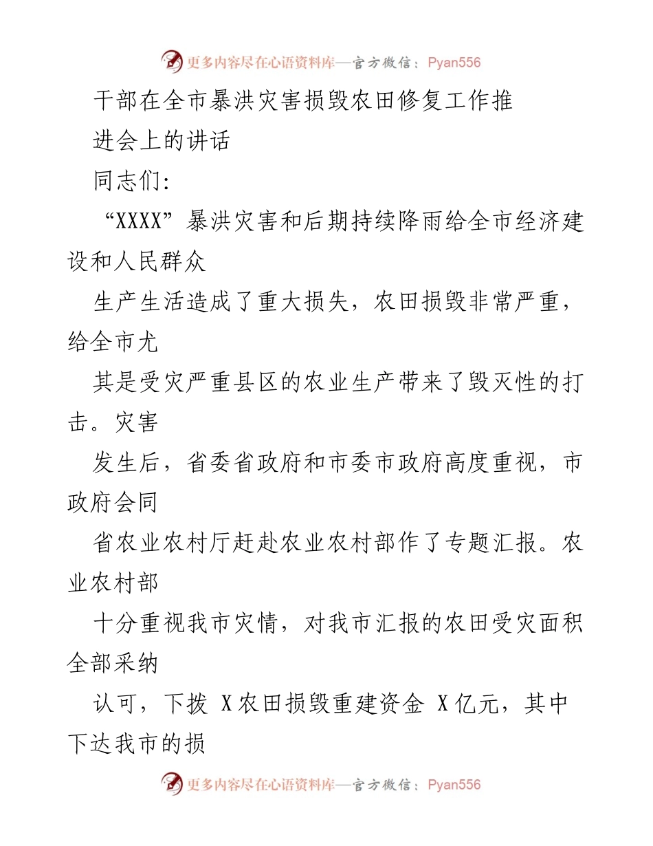 [发言] 暴洪灾害损毁农田修复工作推进会 - 强化责任感，确保农田修复工作高质量推进.docx_第1页