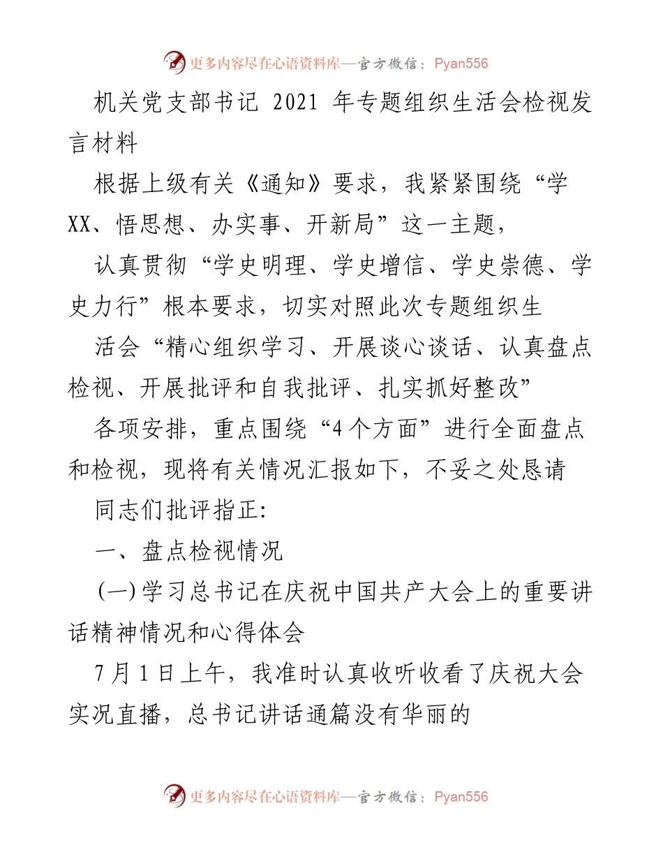 [发言] 机关党支部专题组织生活会 - 2021年党支部书记检视发言材料总结.docx_第1页