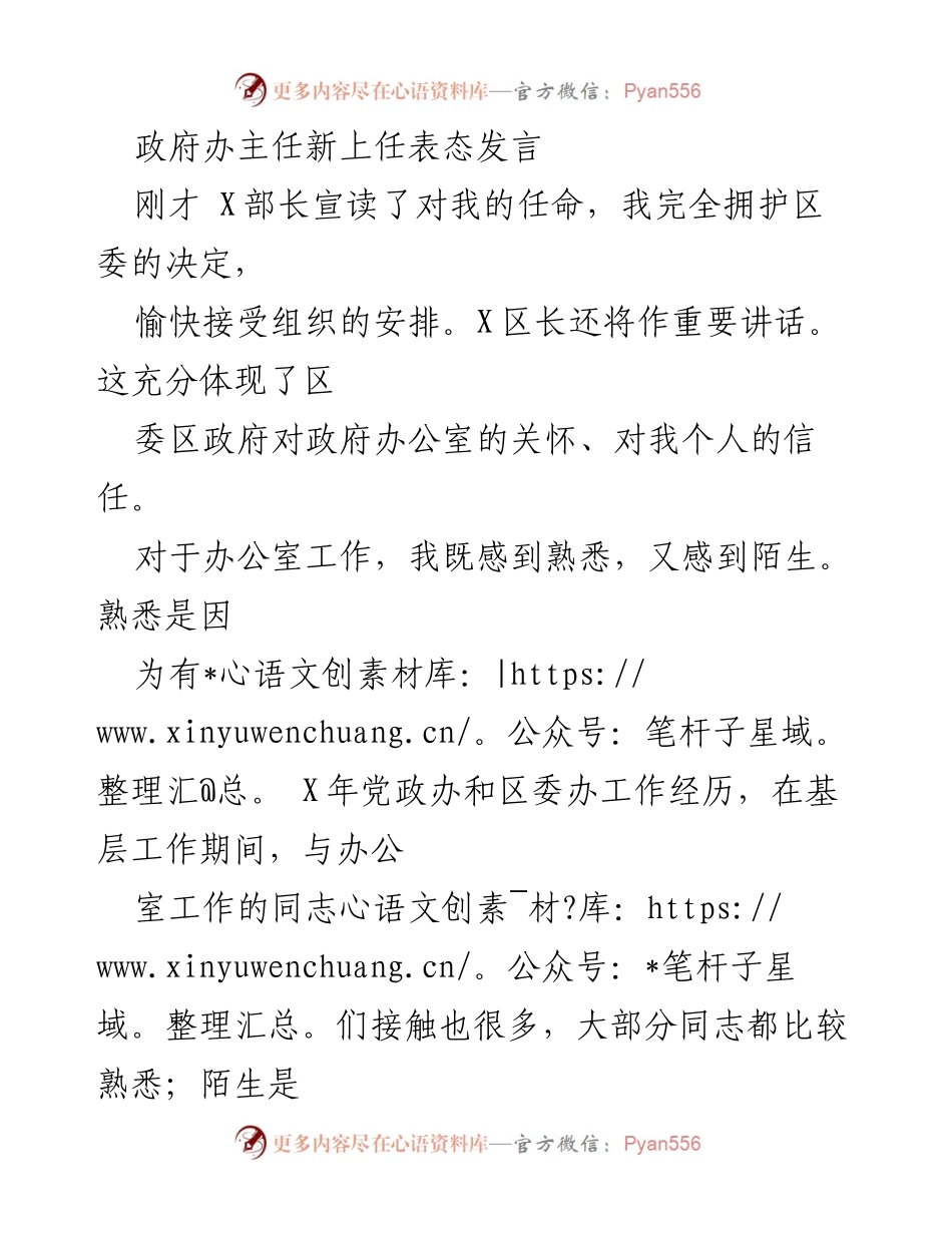 [发言] 新任政府办主任上任表态 - 新任政府办主任的职责与承诺.docx_第1页
