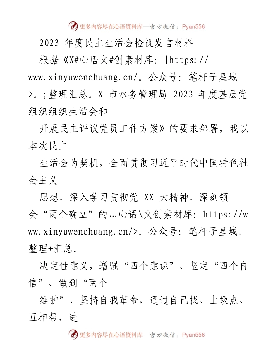 [发言] 民主生活会 - 2023年度民主生活会检视发言材料.docx_第1页