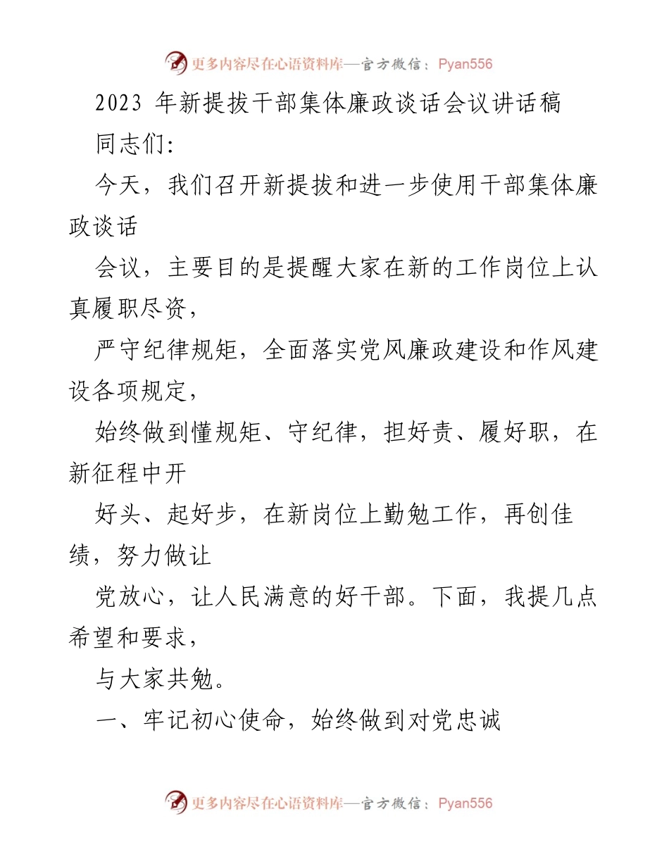 [发言] 新提拔干部集体廉政谈话会议 - 新提拔干部要牢记初心使命，坚定忠诚于党.docx_第1页