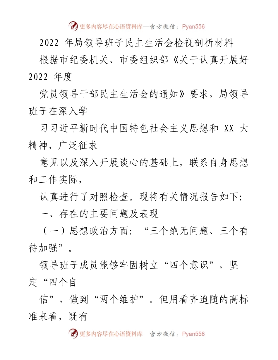 [发言] 民主生活会 - 2022年局领导班子民主生活会检视剖析报告.docx_第1页