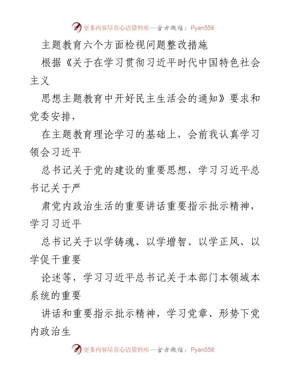 [发言] 民主生活会 - 主题教育六个方面问题整改措施汇报.docx_第1页