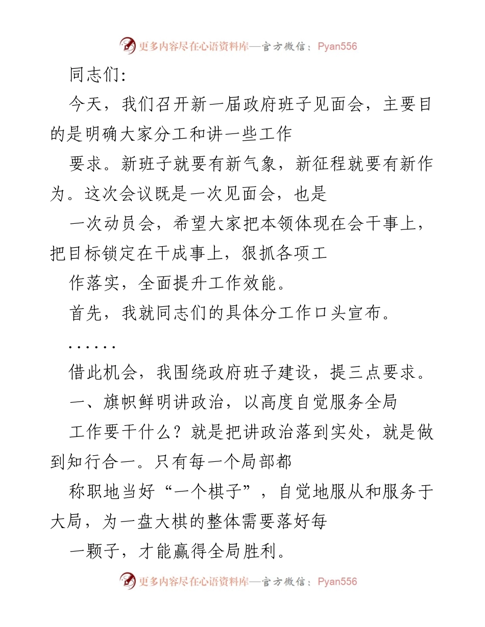 [发言] 新一届政府班子见面会 - 新班子新气象：明确分工与工作要求.docx_第1页