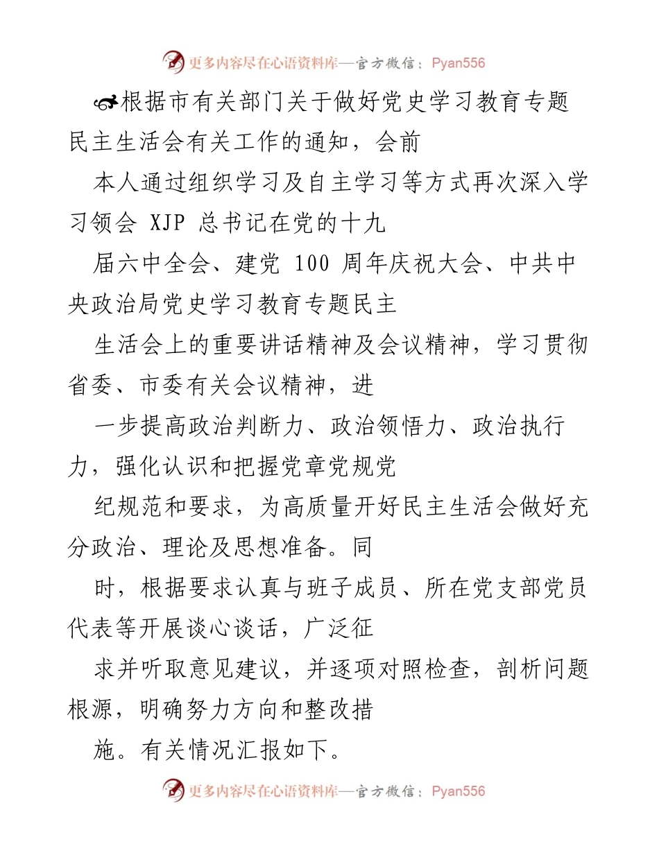 [发言] 民主生活会 - 党史学习教育专题民主生活会准备情况及整改措施汇报.docx_第1页