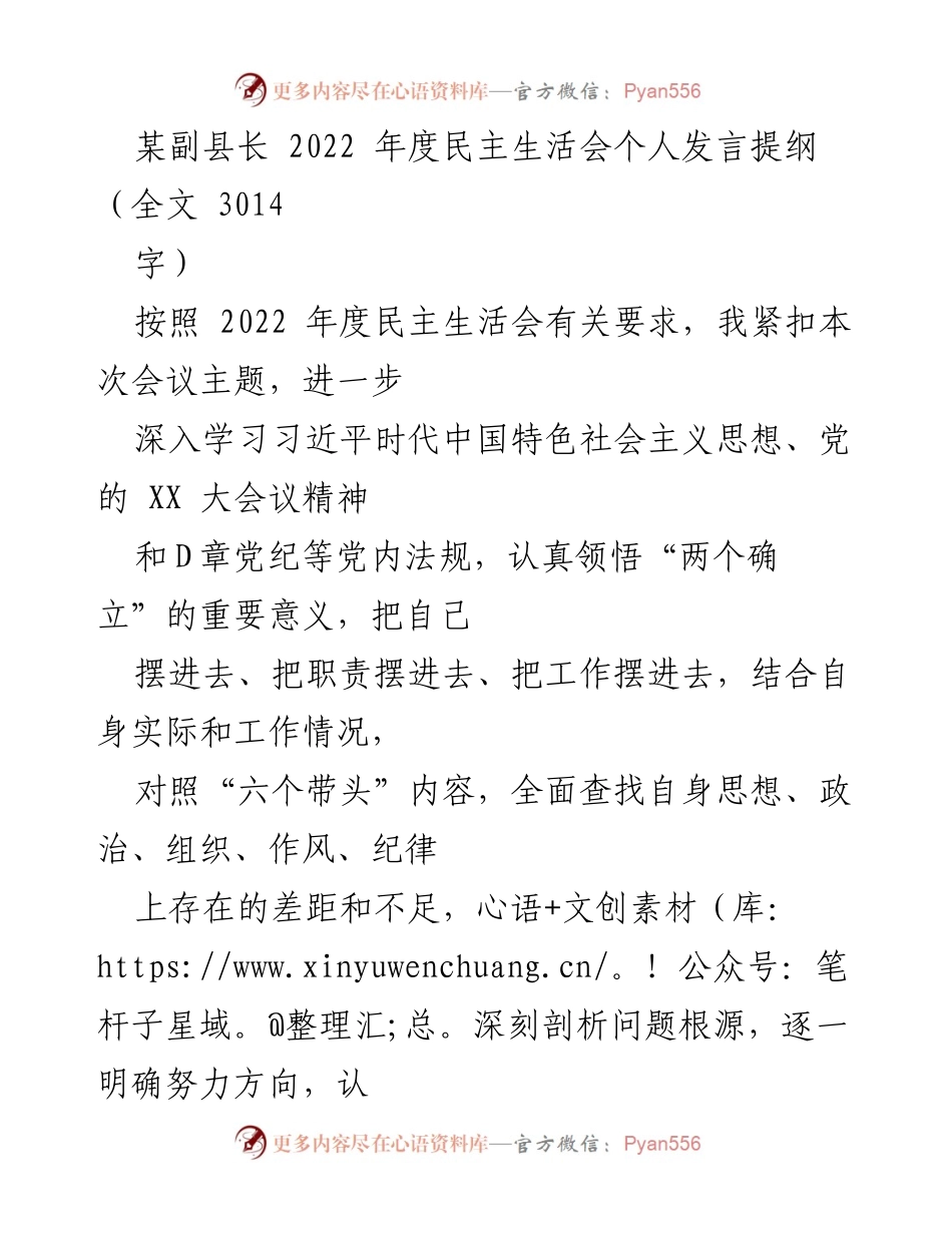 [发言] 民主生活会 - 副县长2022年度民主生活会个人发言提纲_2.docx_第1页