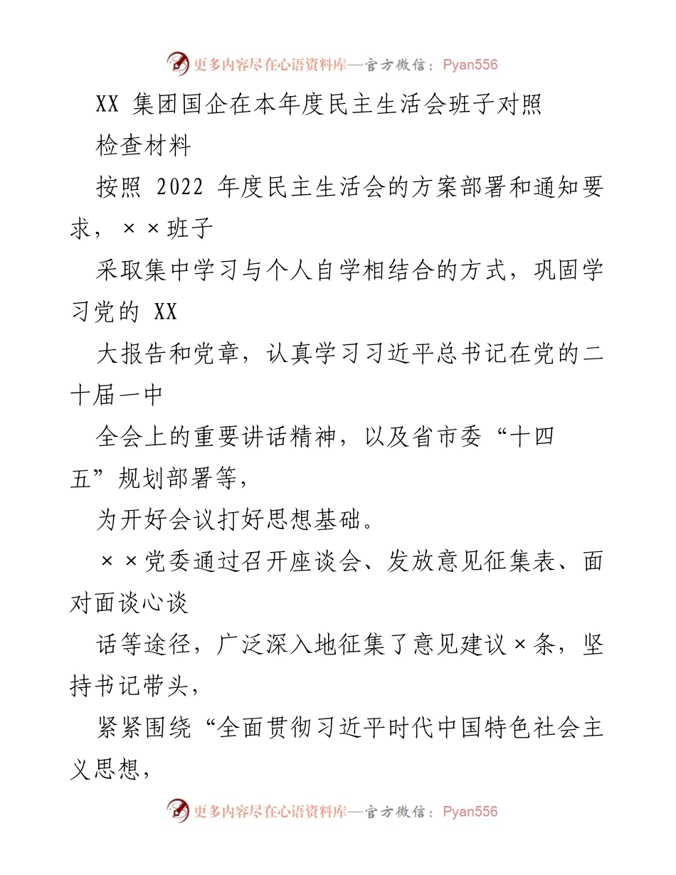 [发言] 民主生活会 - XX集团班子对照检查材料总结.docx_第1页