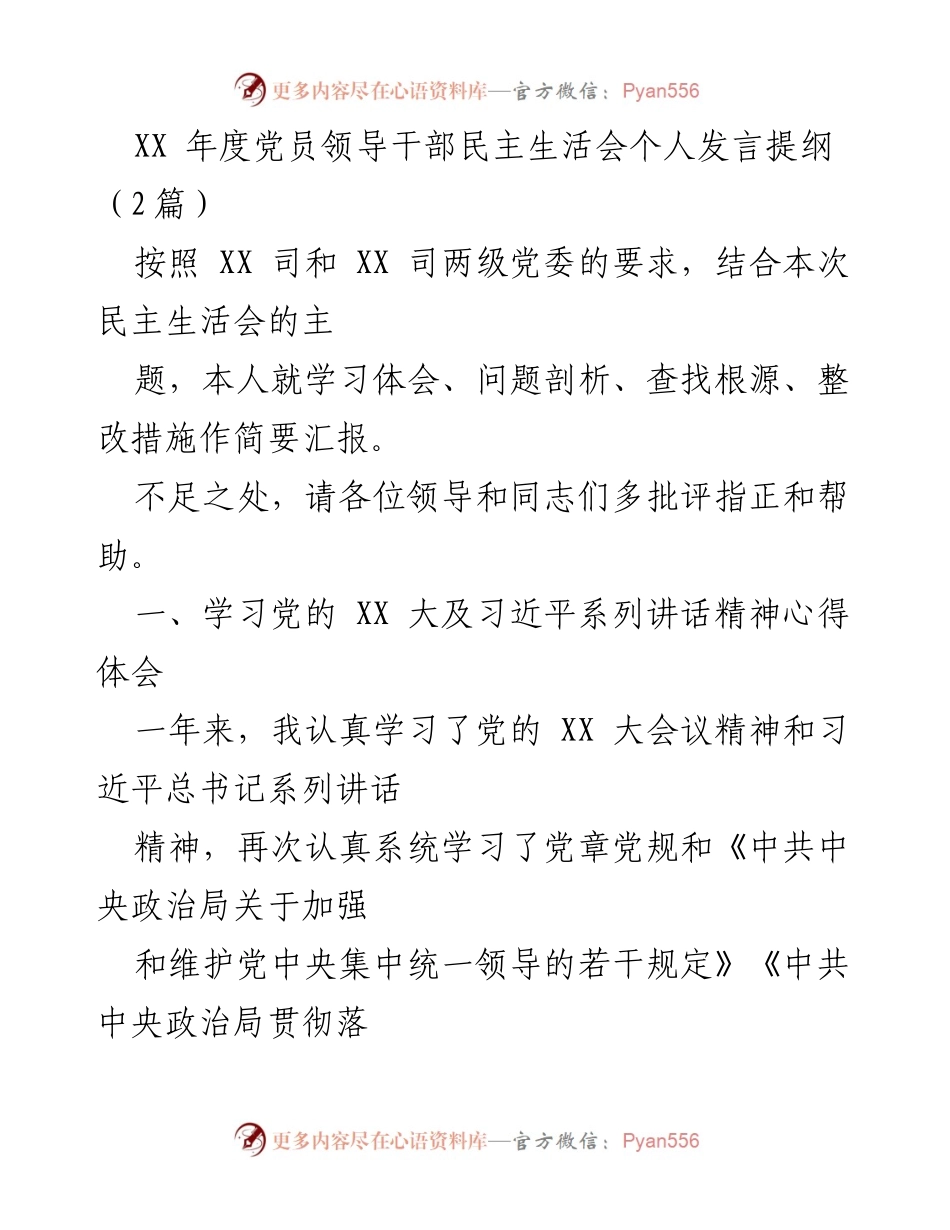 [发言] 民主生活会 - XX年度党员领导干部民主生活会个人发言提纲.docx_第1页