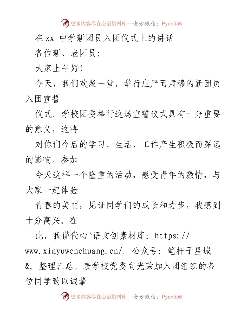 [发言] 新团员入团仪式 - 青春的责任与理想：新团员入团仪式讲话.docx_第1页