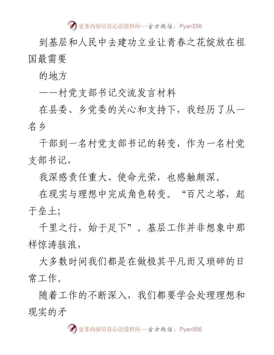 [发言] 村党支部书记交流会 - 青春建功乡村振兴：从基层工作谈理想与现实的磨合.docx_第1页