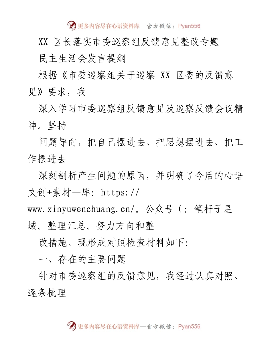 [发言] 民主生活会 - 区长对市委巡察反馈意见的整改落实发言提纲.docx_第1页