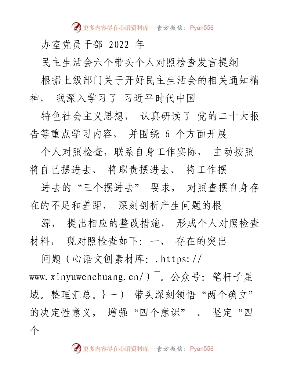 [发言] 民主生活会 - 党员干部个人对照检查发言提纲.docx_第1页