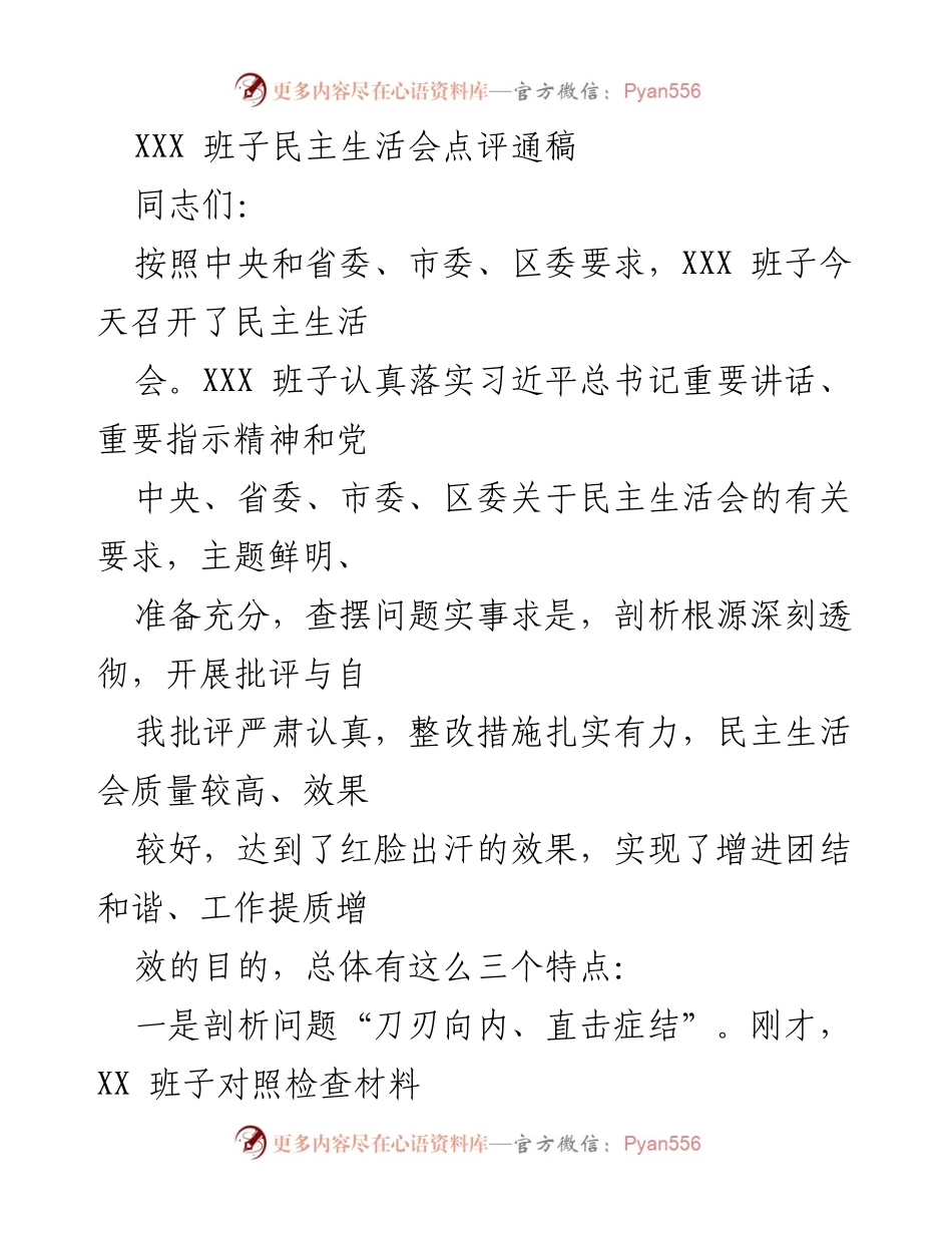 [发言] 民主生活会 - XXX 班子民主生活会点评与整改措施总结.docx_第1页