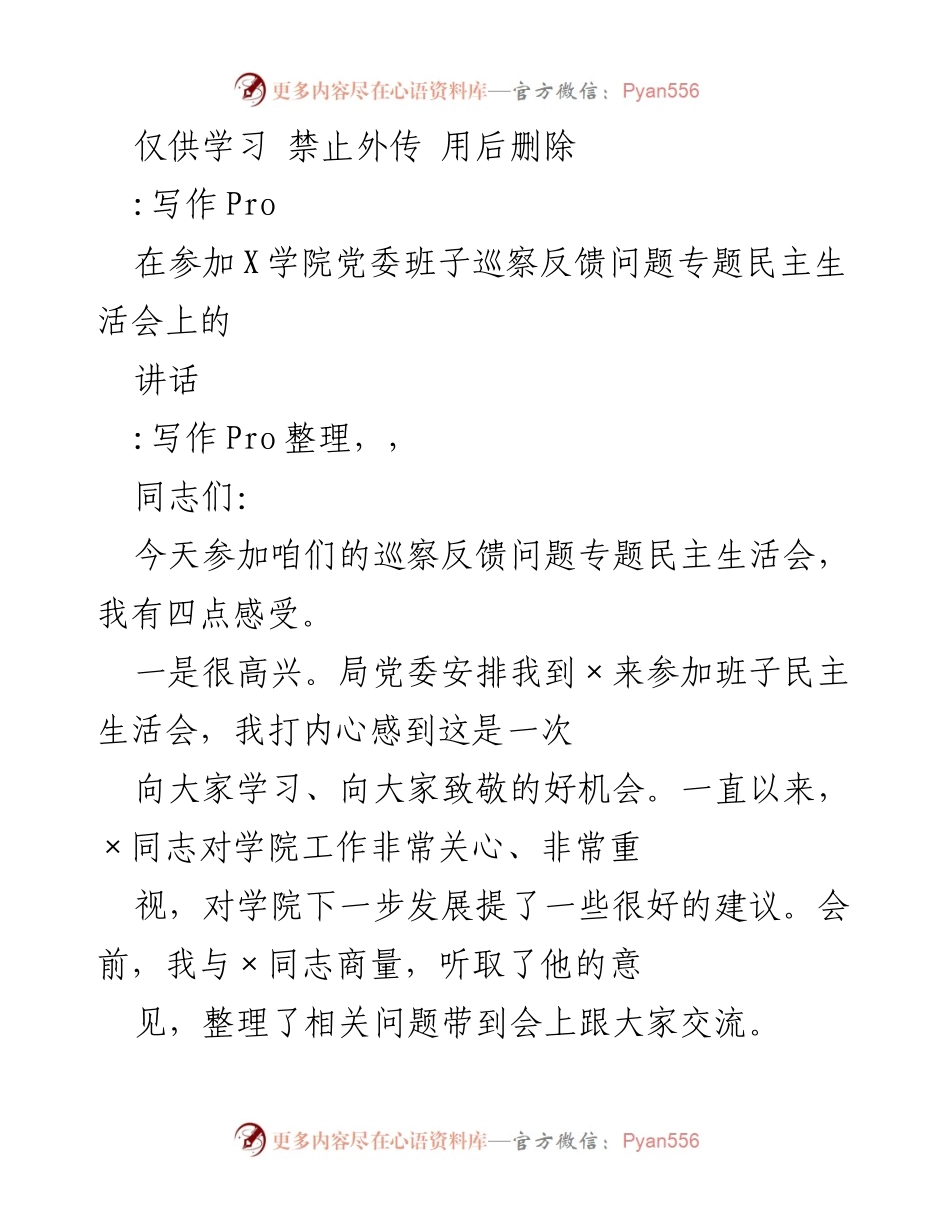 [发言] 民主生活会 - 学院党委班子巡察反馈问题专题民主生活会讲话.docx_第1页