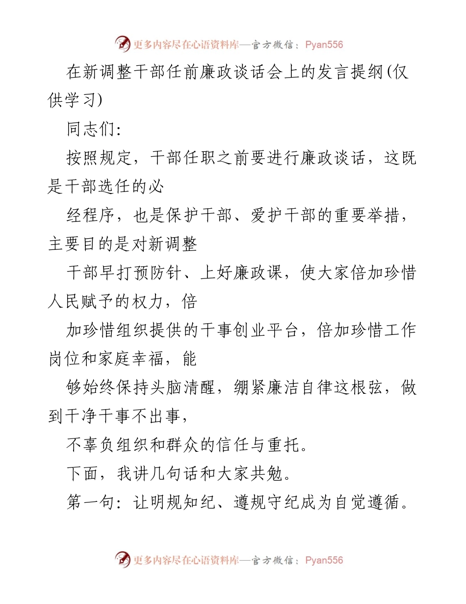 [发言] 新调整干部任前廉政谈话会 - 加强廉政意识，严守纪律规矩.docx_第1页
