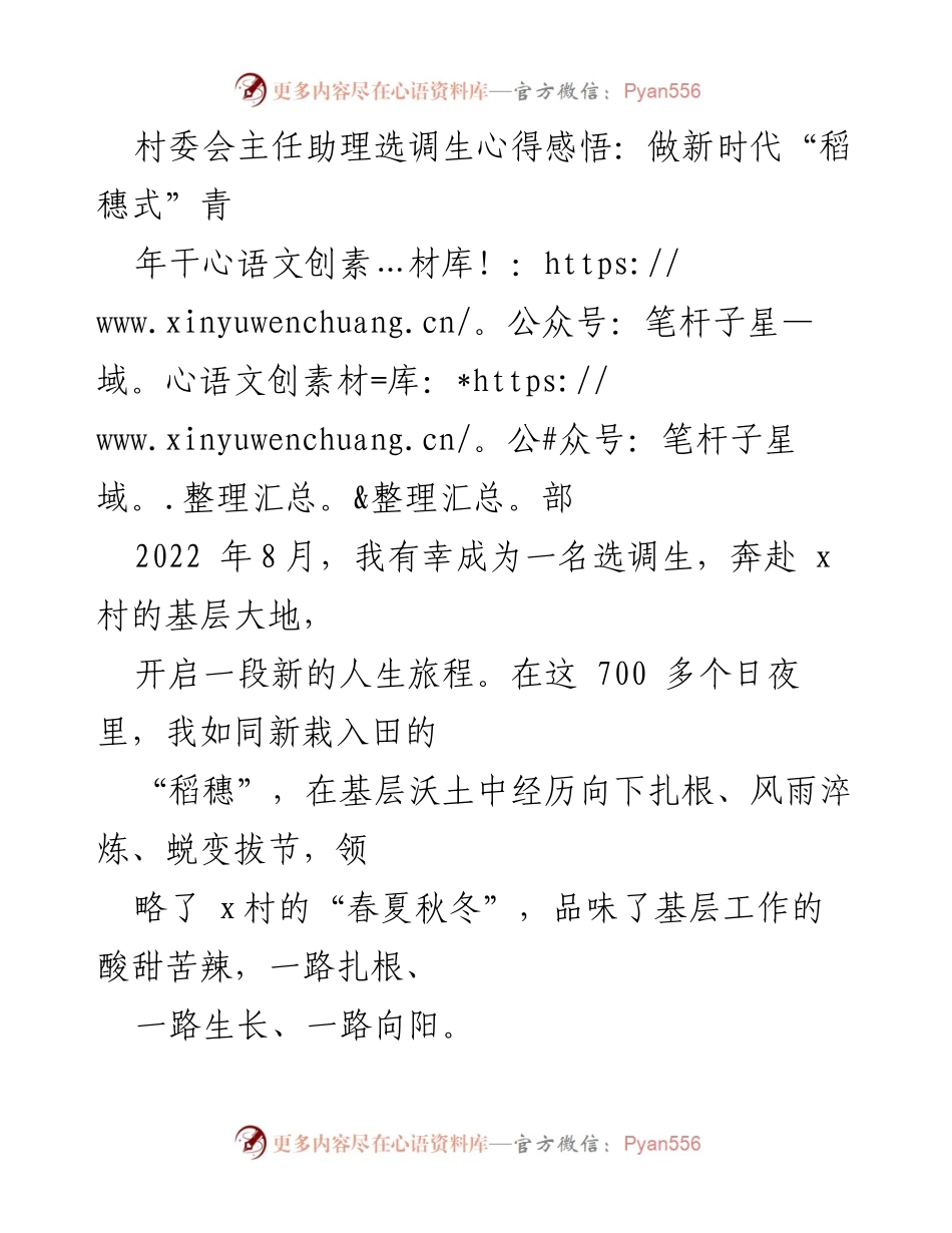[发言] 村委会选调生座谈会 - 新时代“稻穗式”青年干部的成长与体悟.docx_第1页