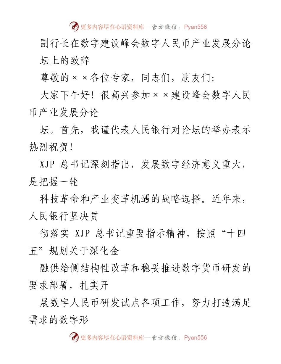 [发言] 数字建设峰会 - 副行长致辞：推动数字人民币产业发展新机遇.docx_第1页