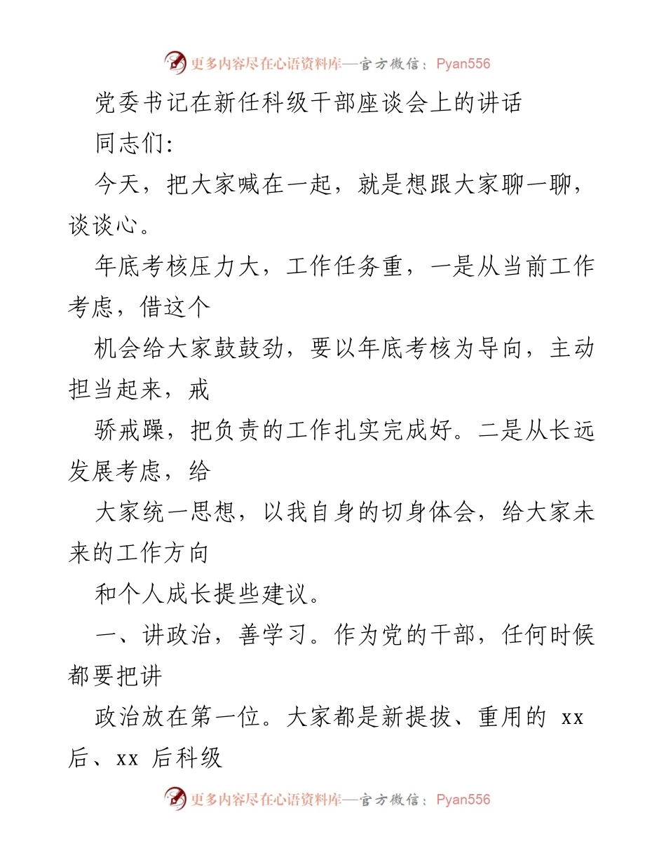[发言] 新任科级干部座谈会 - 讲政治、讲团结，勇于担当的工作指引.docx_第1页