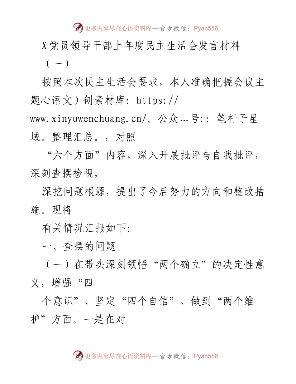 [发言] 民主生活会 - X党员领导干部年度民主生活会发言材料.docx_第1页